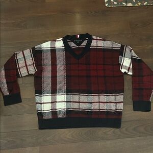 V-neck plaid 100% cotton sweater